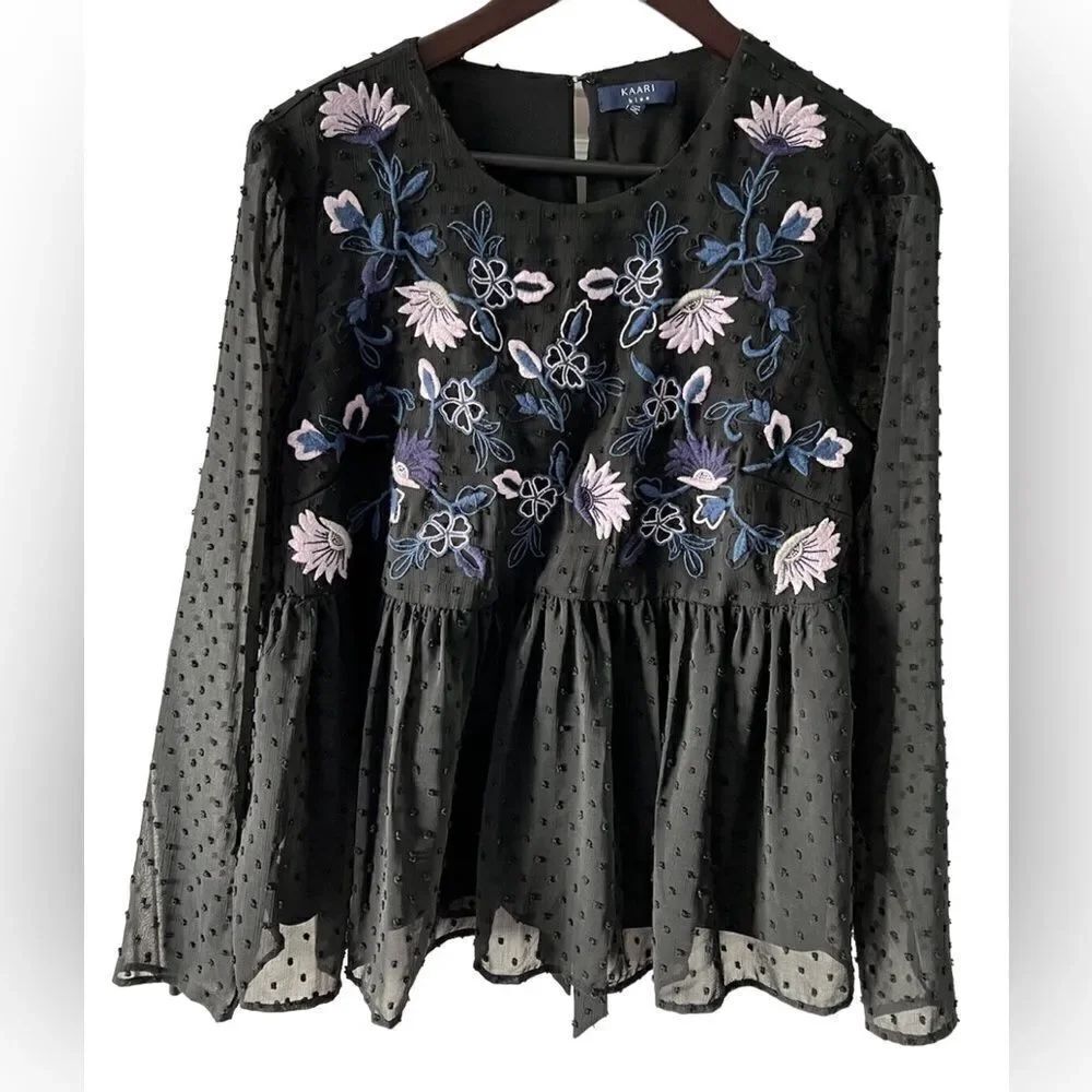 Kaari blue Black Embroidered Long Sleeve Blouse Size Small